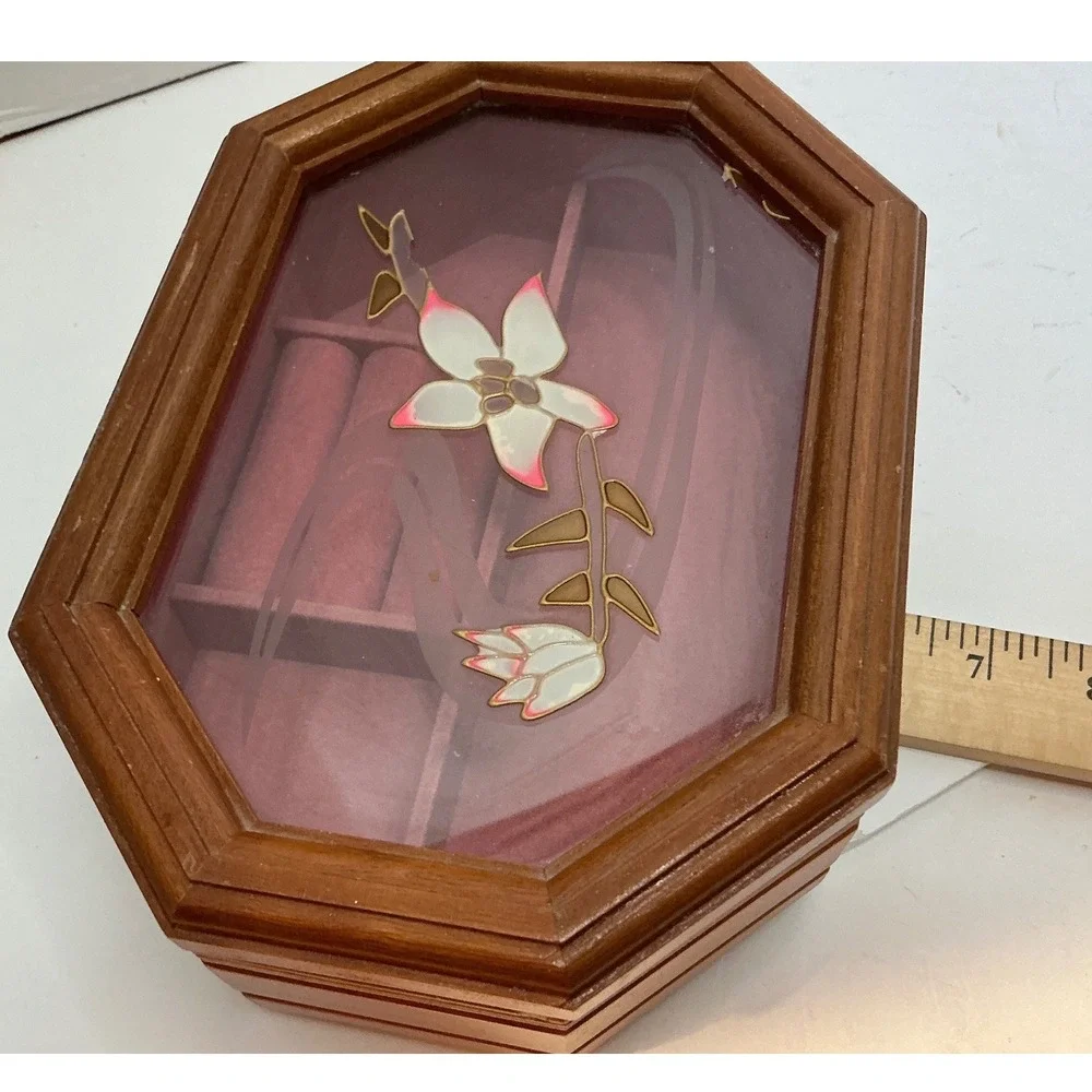 Vintage Wooden Jewelry Box Etched Glass Floral Lid Octagonal Brown